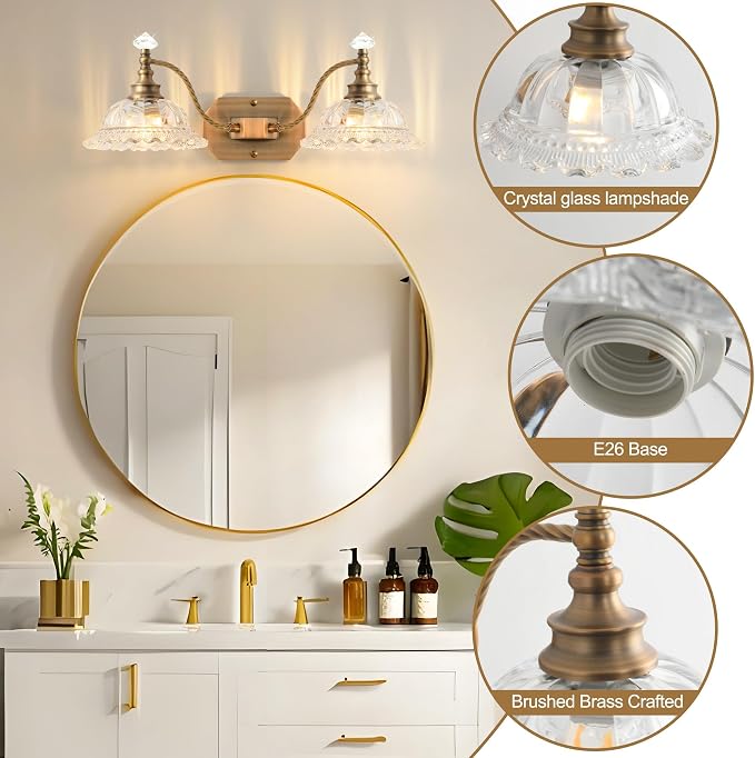 Vintage Bathroom Light Fixtures, 2 Light Brass Vanity Lights with Crystal Glass Flower Shade, Retro Wall Sconce for Bedroom, Living Room, Hallway