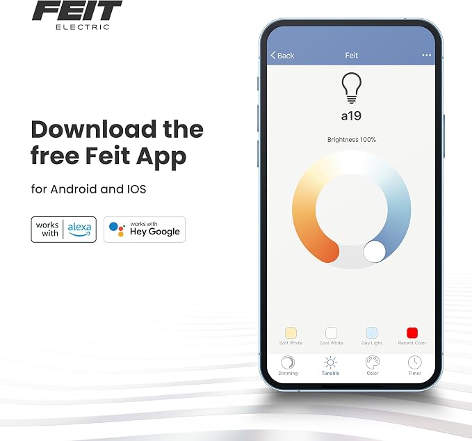Feit Electric A19 LED Smart LED Light Bulb, 40W Eq, RGB Color Changing | Dimmable, Straight Filament, 2.4GHz Wi-Fi, App/Voice Control, Works with Alexa/Google Asst, Ideal for Decorative Fixtures