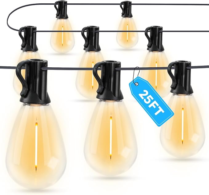 GvvooHome LED Outdoor String Lights, 25FT Waterproof Patio Lights with 9 Shatterproof S11 Plastic Bulbs, 2700K Warm White Edison Hanging Lights for Backyard, Garden, Porch, Bistro