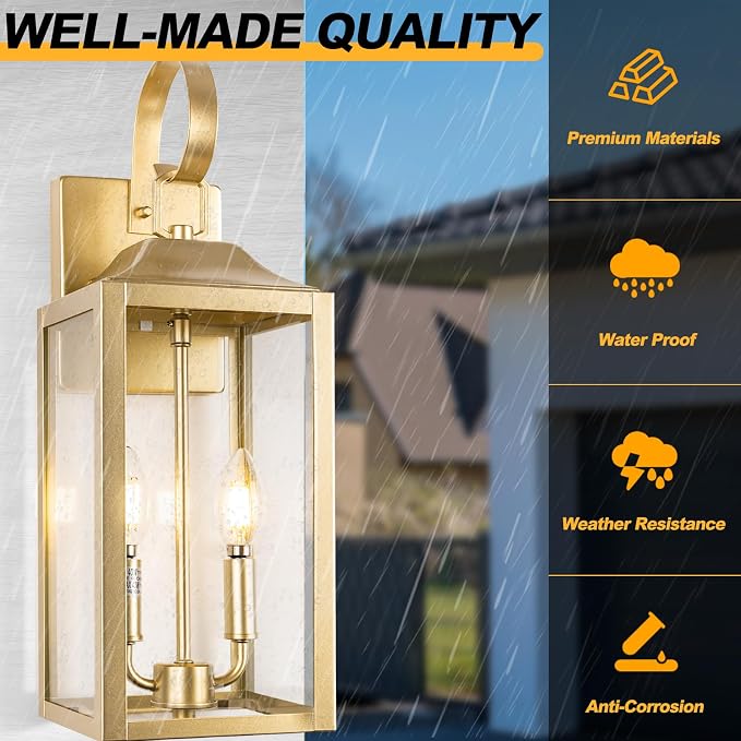 19" Gold Outdoor Wall Lantern 2-Light, Large Modern Outdoor Sconce Lights | Industrial Outdoor Light Fixtures Wall Mount with Clear Glass, Waterproof Farmhouse Exterior Lighting Fixtures, 1-Pack