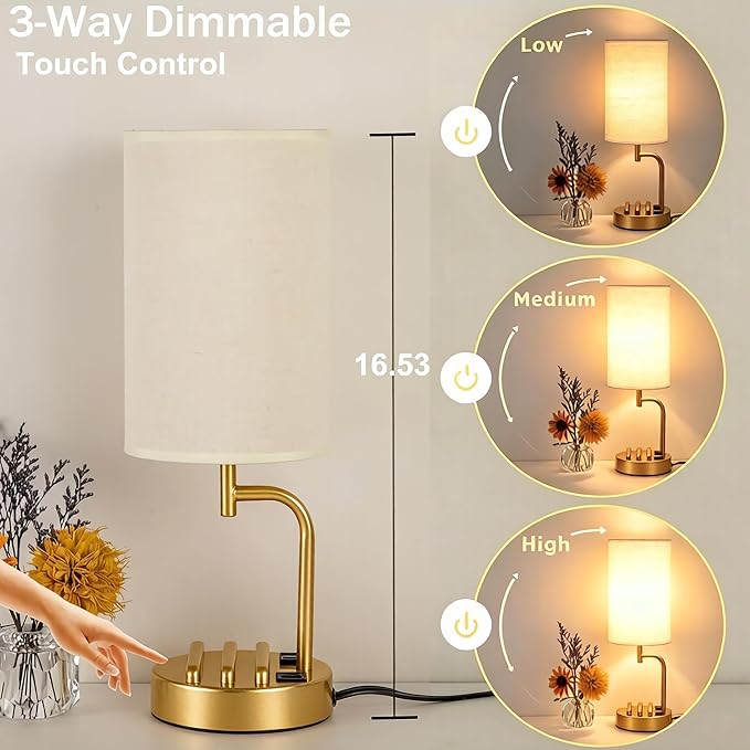 Dreamholder Touch Control USB Table Lamp with USB C/A & AC Outlet, 3-Way Dimmable Bedside Lamp, Modern Nightstand Lamps for Bedroom Living Room Guest Room Office, Bulb Included, Gold