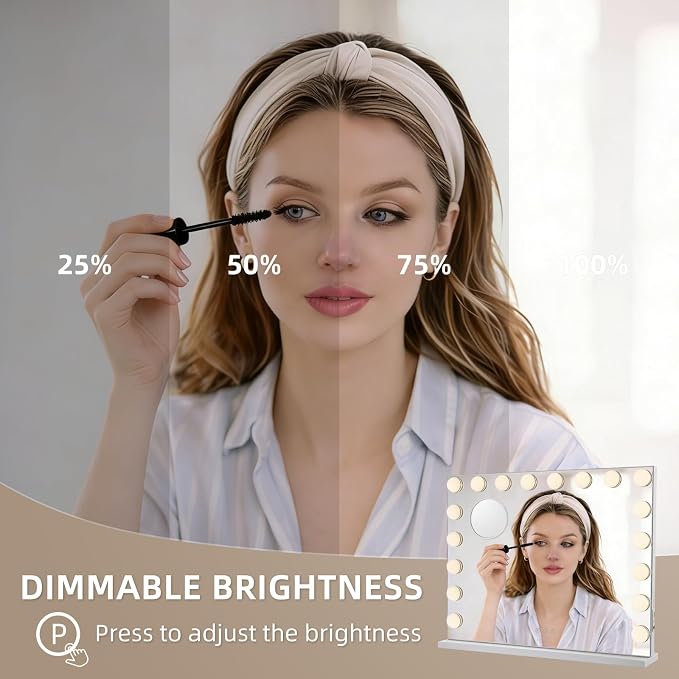 Large Vanity Mirror with Lights, 26"x20.9" Hollywood Mirror with 10X Magnification, 18 Dimmable LED Bulbs & 3 Color Lighting Modes Desk Wall-Mounted Makeup Vanity Mirror