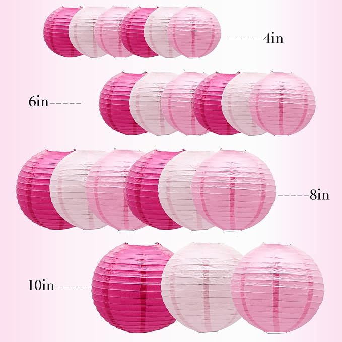 21-Pack Pink Paper Lanterns, Hanging Round Party Decorations | 4/6/8/10 inches Indoor Outdoor Decor for Halloween, Valentines Day, Wedding, Birthday, Baby Showers, Tea Party & Classroom