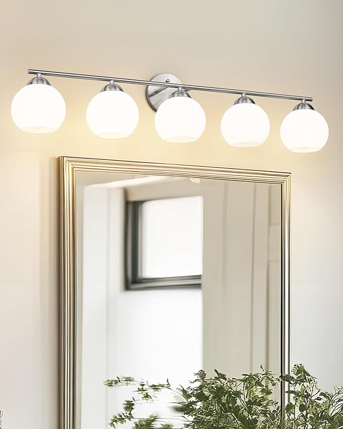 Emak Brushed Nickel Vanity Light, 37 Inch Globe Bathroom Light Fixtures with Milk Glass Shade, Modern 5-Light Vanity Lights for Bathroom, Mirror, VL114-BN-ML-5