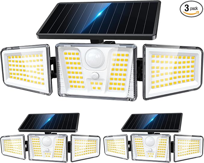 KOOPER Solar Flood Lights, 210 LED Motion Sensor Outdoor Lights, Solar Motion Lights Outdoor Waterproof, 3 Heads 300° Wide Angle Outdoor Security Lights for Yard Patio Garage Entryways, 3 Pack, Black