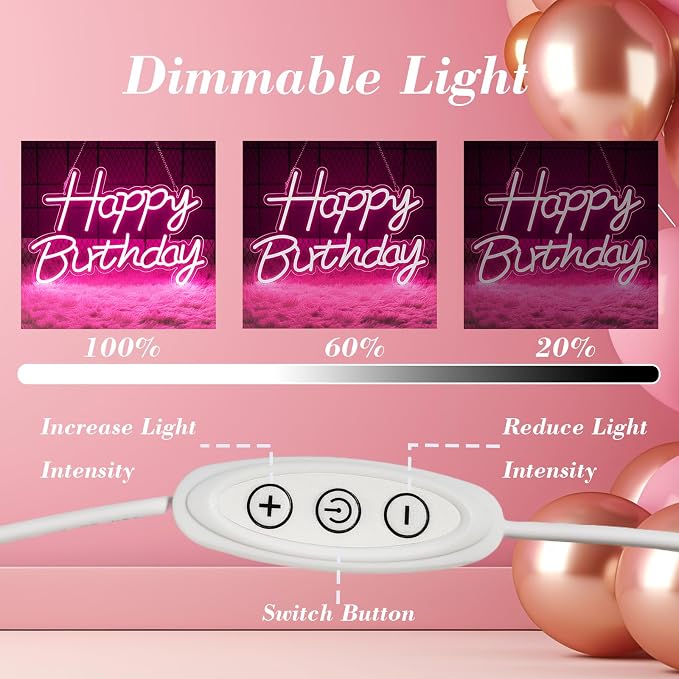 Happy Birthday Neon Sign for Backdrop, LED Happy Birthday Light Up Sign, USB Powered Dimmable Neon Light for Birthday Party Decorations, Wall Decor, Pink, 16.5 x 12 inch