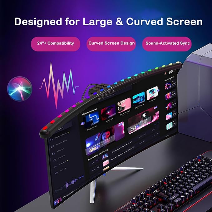 Curved Screen Light Bar Pro – RGB Music-Synced Ambient Lighting for 24”+ Monitors, Anti-Glare Desk Lamp with Touch Control, Stepless Dimming & Heavy-Duty Clamp