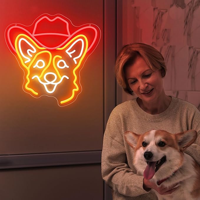 Corgi Neon Signs for Wall Decor, Cute Dog Neon Sign Dimmable Cowboy Hat Neon Light Sign for Pet Shop Bedroom Party Decor, Animal LED Light Up Sign for Birthday Christmas Gifts Boys Girls