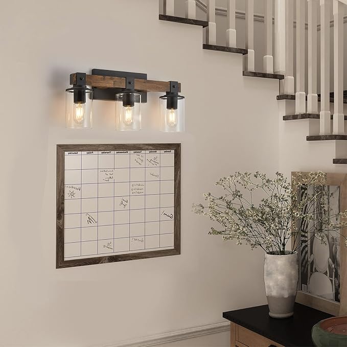DUJAHMLAND Farmhouse Vanity Light Fixture,3-Light Bathroom Wood Wall Light Over Mirror with Clear Glass Shade, Rustic Vintage Wall Sconce Lighting.(Antique Wood, 3-Light)