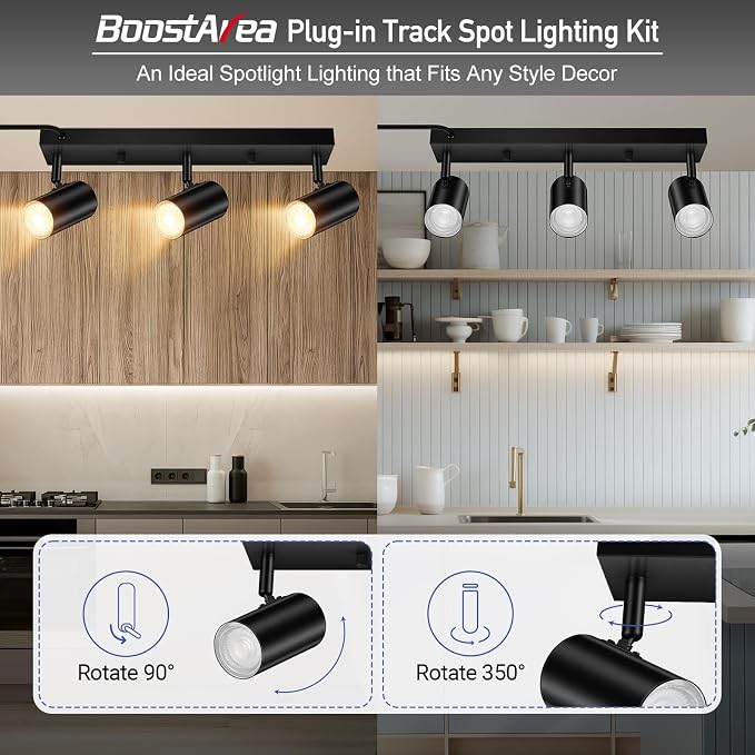 LED Track Lighting Ceiling Fixtures, Black 3-Light Plug in Track Lights for Kitchen, 3 Way Ceiling Spotlight, 15 FT Cord,Flexibly Rotatable Wall Mount Light Head for Bedroom Hallway