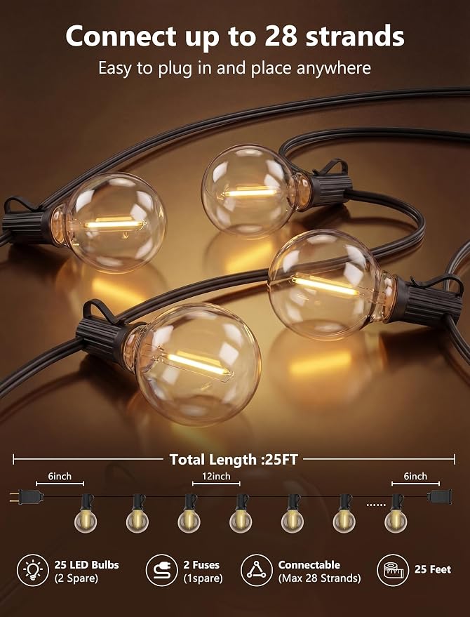 25Ft LED Outdoor String Lights, 27 G40 Globe Patio Lights IP65 Waterproof | 2700K Warm White, Plug In, Hanging Connectable Christmas Decorative Lights for Backyard Porch Garden Balcony Bistro, Black