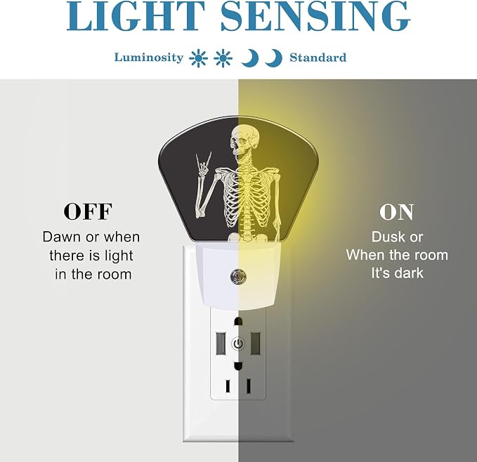 Rock Skeleton Night Light for Kids Girls Boys, Funny Skeleton LED Night Light Plug into Wall with Dusk to Dawn Sensor for Room, Hallway, Kitchen, Bathroom, Stairs Decor