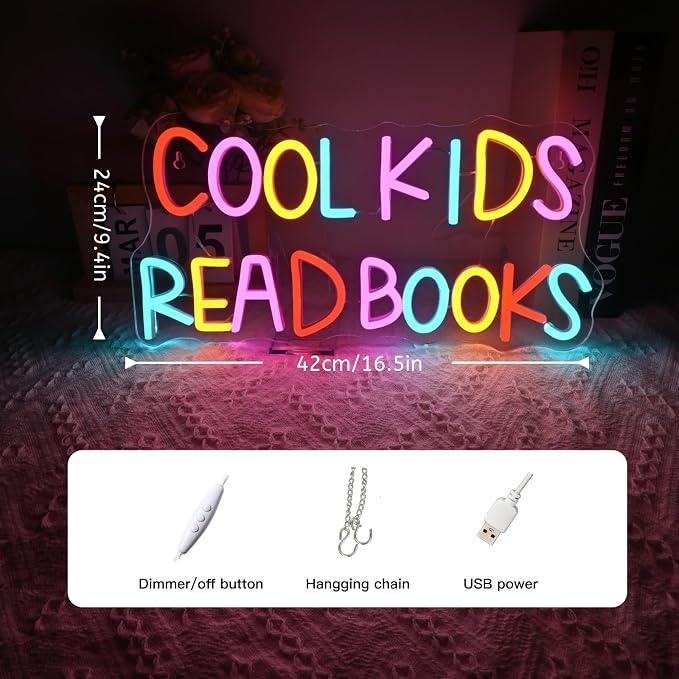 Cool Kids Read Books Neon Sign Reading Corner for Kids Neon Signs for Wall Decor LED Light Library Classroom Book Club Christmas Gift for Teens