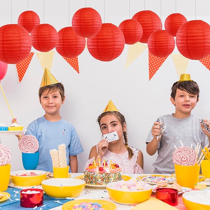 12Pcs Round Paper Lanterns Assorted Sizes (6" 8" 10" 12") for Lunar New Year 2026, Chinese New Year Decorations, Wedding Birthday Home Decor, Hanging Chinese Japanese Paper Lantern Lamps (Red)