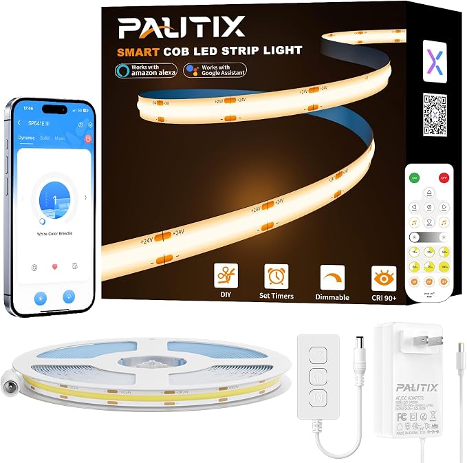 PAUTIX COB LED Strip Light 32.8ft/10m,Work with Alexa/Google Assistant, Warm White led Strip 3000K UL Listed,Dimmable 24V Flexible Tape Light,Super Bright Strip Lights for Office,Bedroom,Kitchen