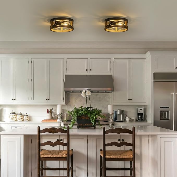 Farmhouse Ceiling Light, 2-Light Round Flush Mount Ceiling Light with Wood and Metal Frame, Black Rustic Light Fixture for Hallway, Entryway, Bedroom, Kitchen