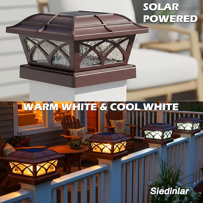SIEDiNLAR Solar Post Cap Lights Outdoor Glass 2 Color Modes 8 LEDs for 4x4 5x5 6x6 Posts Deck Fence Patio Decoration Warm White & Cool White Lighting Brown (1 Pack)