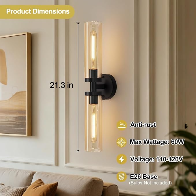 Indoi Wall Sconces Set of Two, Hardwired Matte Black Bathroom Sconces Wall Lights with Amber Glass, Modern Sconces Wall Decor Set of 2 Vanity Light fixtures for Bathroom Mirror Bedroom