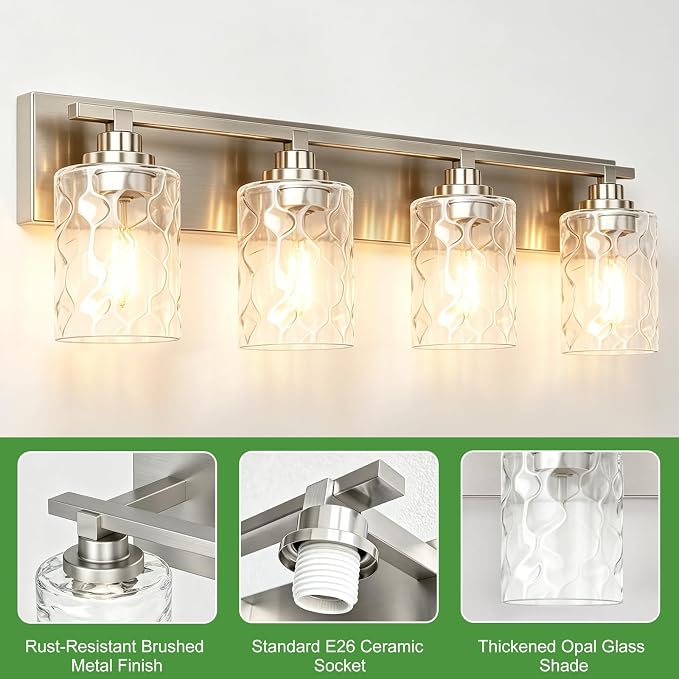 Modern Bathroom Lighting Fixtures Over Mirror, Vanity Lights for Bathroom, Wall Sconces with Clear Glass Shades, E26 Ceramic Socket, 4-Light 27.5-inch Brushed Nickel