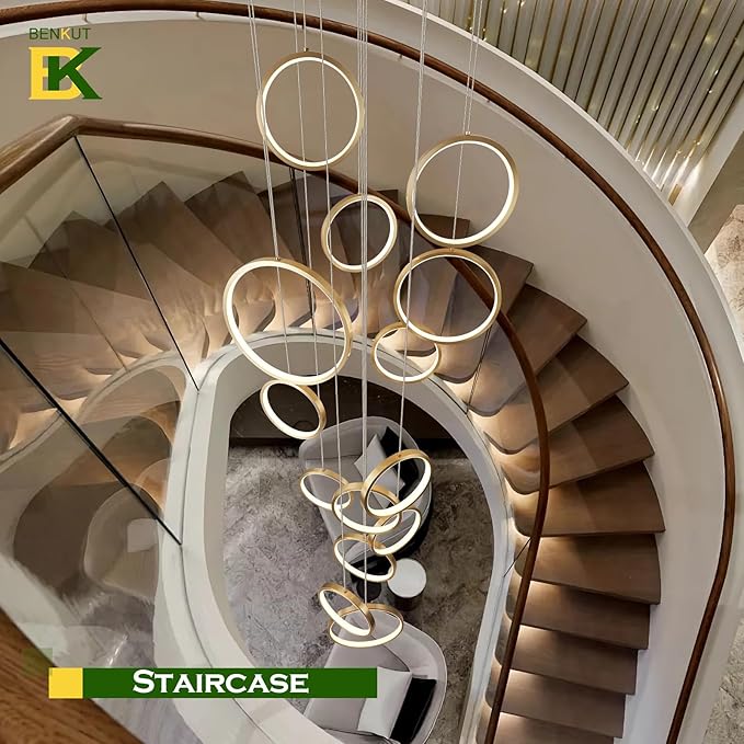 14 Ring High Ceiling Chandelier Foyer, Gold Modern LED Large Staircase Long Chandeliers Light Fixture with Remote for Staircase Entryway Living Room Dining Room(118in, 3000K-6500K)