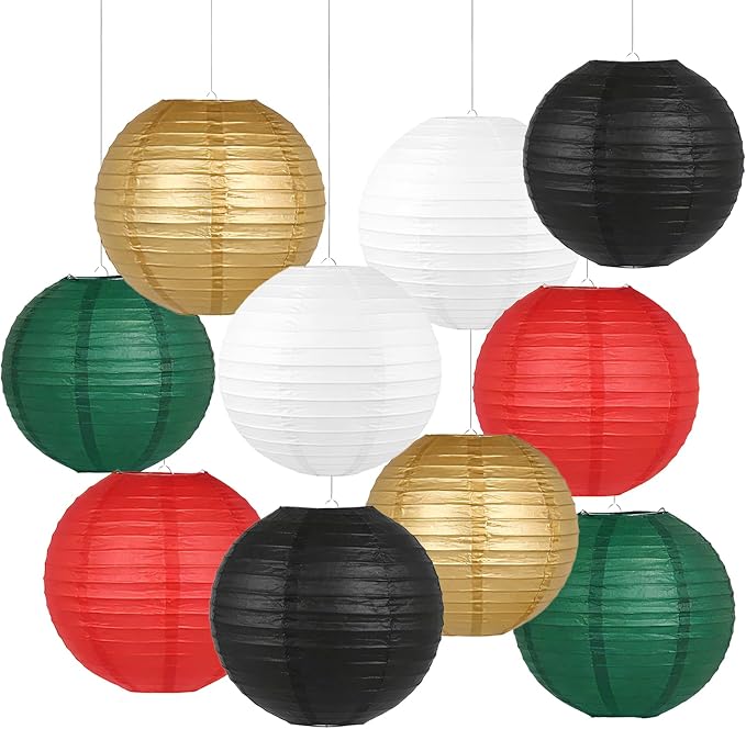 10 Pcs Paper Lanterns Decor, 8 & 10 Inch Hanging Round Lanterns in Red Black White Green Gold, hanging lantern for Wedding, Christmas, Classroom, Movie Night,Casino Party Decorations