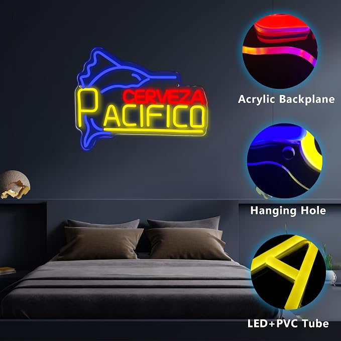 Pacific Beer Neon Signs for Wall Decor,Dimmable Mexican Beer Led Neon Light, USB Powered Business Signs for Man Cave Bar Pub Restaurant Party Christmas Birthday Gifts(16.1 * 12.5in)