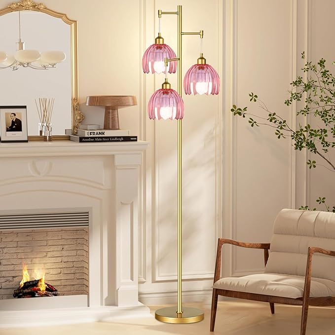 Vintage Floor Lamps for Living Room Bedroom-3 Light Glass Floor Lamp with Three Led Bulb, Tall Flower Floor Lamp Gold Mid Century Modern Standing Lamp Tree Floor Lamps for Living Room Bedroom Corner