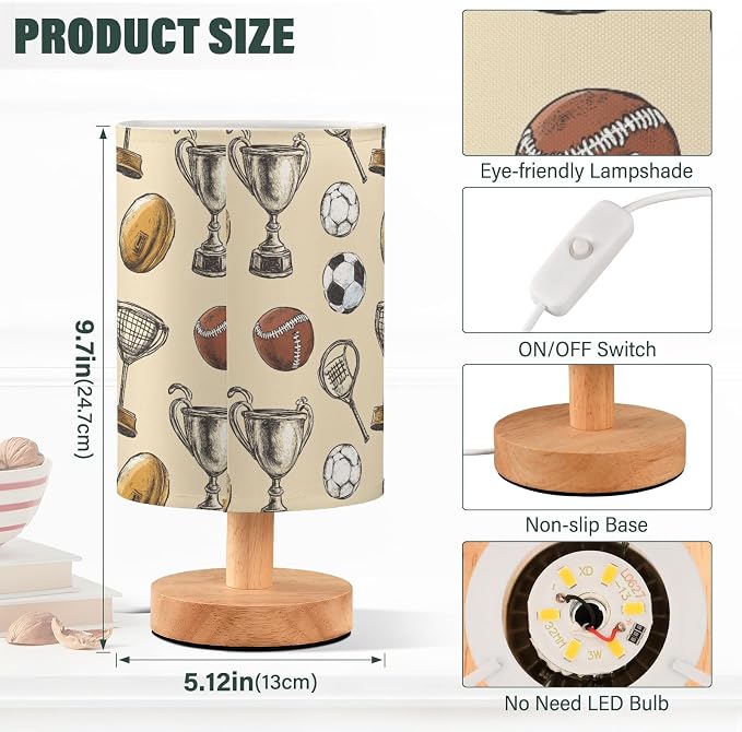 Fustylead Vintage Style Sports Equipment Bedside Lamps for Night Stands, USB Port with Button Switch, Study Linen Shade with Wooden Base Eye-Caring Warm Light Desk Lamp for Kids Room Bedroom