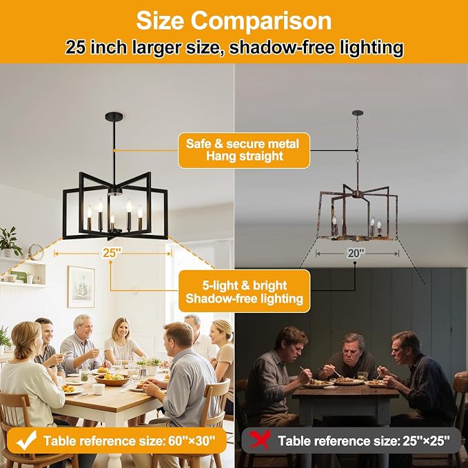 25"-61" Height Adjustable Modern Matte Black Chandelier for Dining Room, No Assembly Required Black Dining Room Light Fixture Over Table, Industrial Metal Pendant Lights Fixture for Kitchen Island