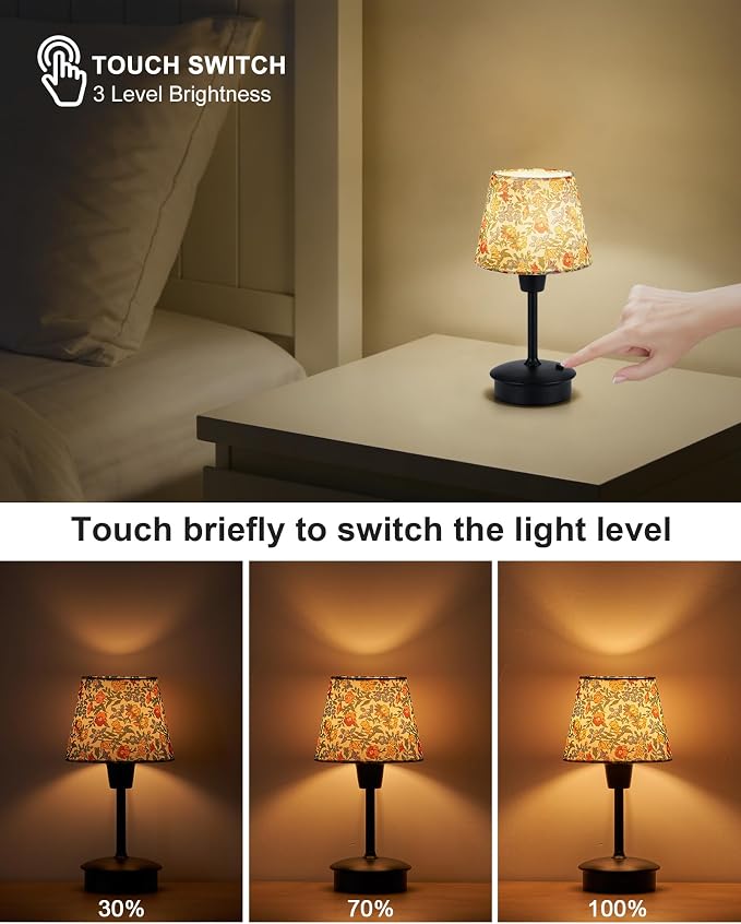 UMEXUS 9.8'' Small Cordless Table Lamp, 5200mAh Battery Operated Touch Lamp | Rechargeable Dimmable Warm Light for Restaurant, Portable Night Light for Bedside Dining Bar Kitchen Outdoor, Floral Pattern
