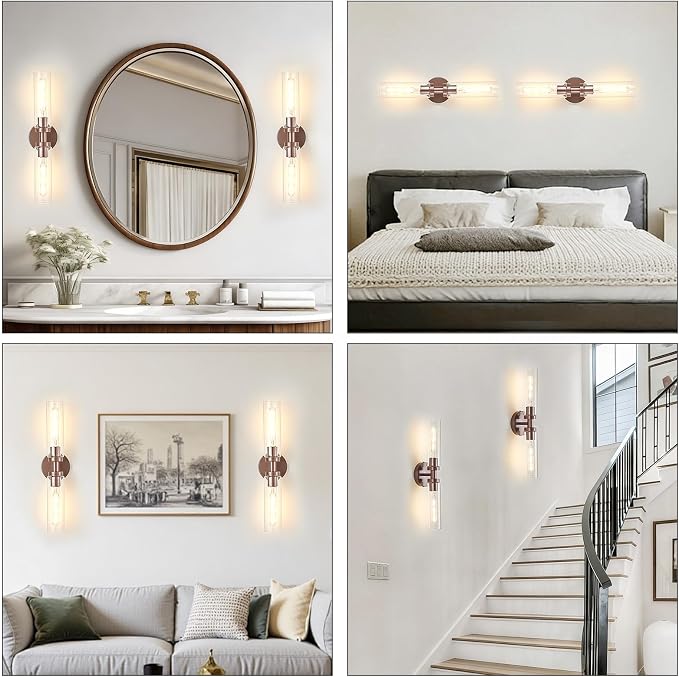 Lanhall 2 Light Bathroom Wall Sconces Set of 2,Modern Farmhouse Bronze Bathroom Light Fixture Over Mirror with Clear Glass Shade,Bathroom Vanity Light for Hallway Cabinet Bedroom Stairway Porch