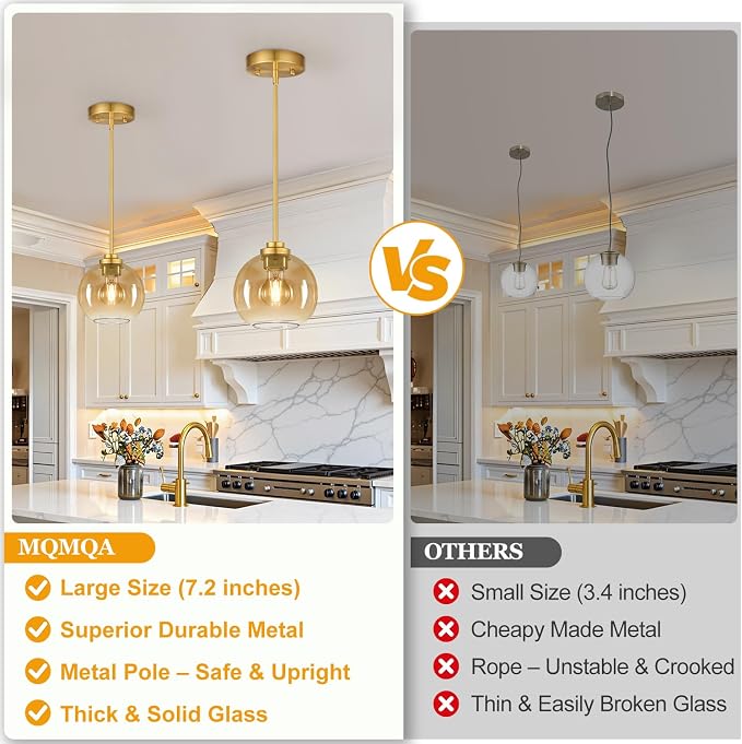 MQMQA 2 Pack Gold Globe Pendant Lights, Mid Century Gold Pendant Light Fixtures, Amber Glass Pendant Lights Kitchen Island Adjustable Hanging Fixture for Dining Room (Bulbs not Included)