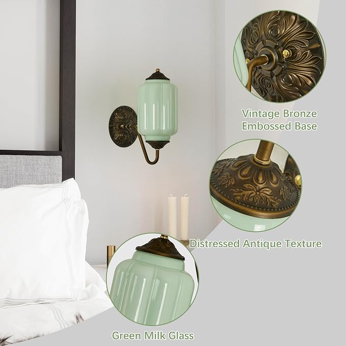 Vintage Milk Glass Wall Sconce - Set of 2,Antique Green Sconce (Bulb×2) | Dimmable,Mid Century Brass Gold,Install Up or Down,Art Deco Retro Vanity Light Fixture for Hallway Bathroom Bedroom Bedside