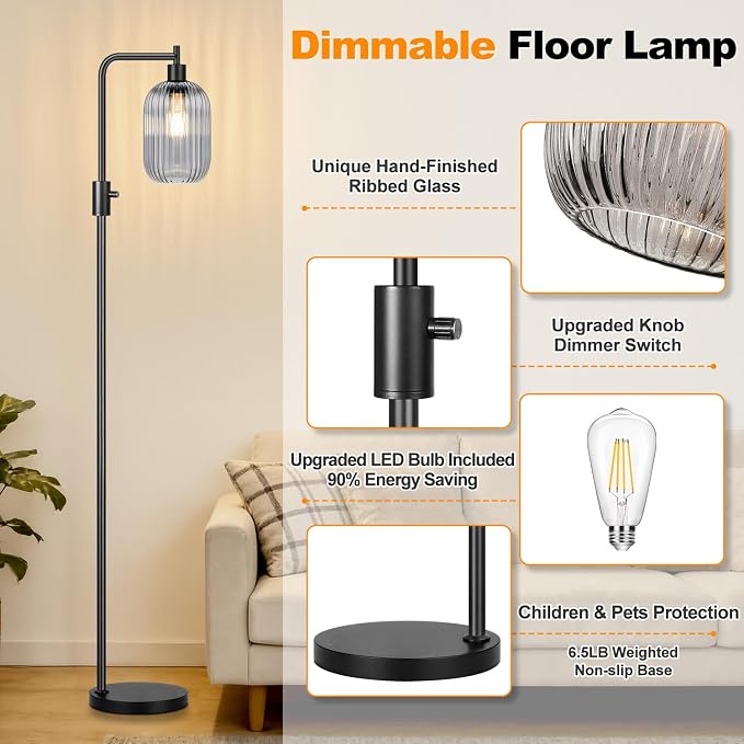 【Upgraded】 Dimmable Floor Lamp for Living Room with Gray Ribbed Glass Lampshade, Black Modern Floor Lamp with 900LM LED Bulb Included, Arc Standing Tall Lamp for Bedroom, Office, Reading Room, Corner