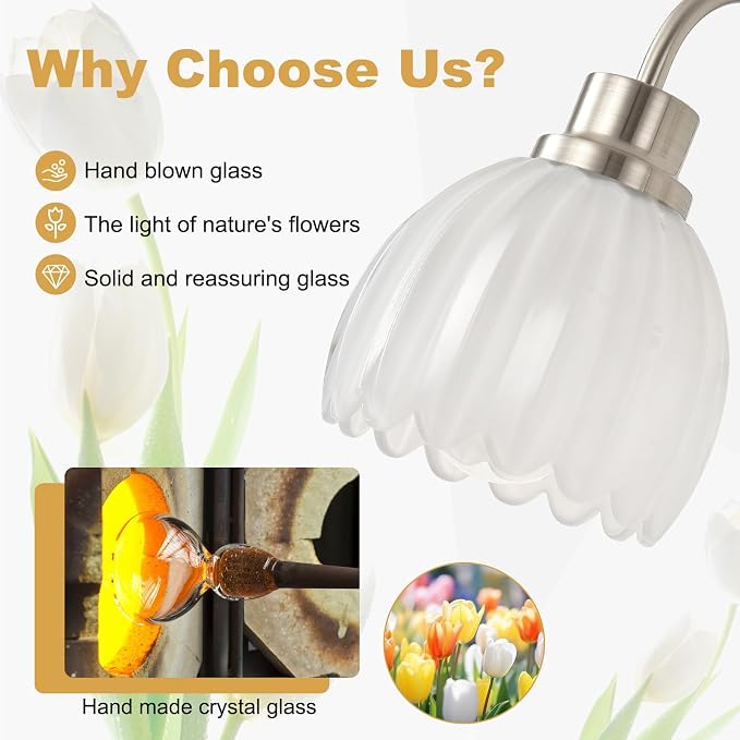 Bathroom Light Fixtures(3-Light, 20 Inch), Brushed Nickel Vanity Lights for Bathroom with Ribbed White Tulip Glass Shade, Vintage Vanity Wall Lights for Mirror Bedroom Living Room Hallway
