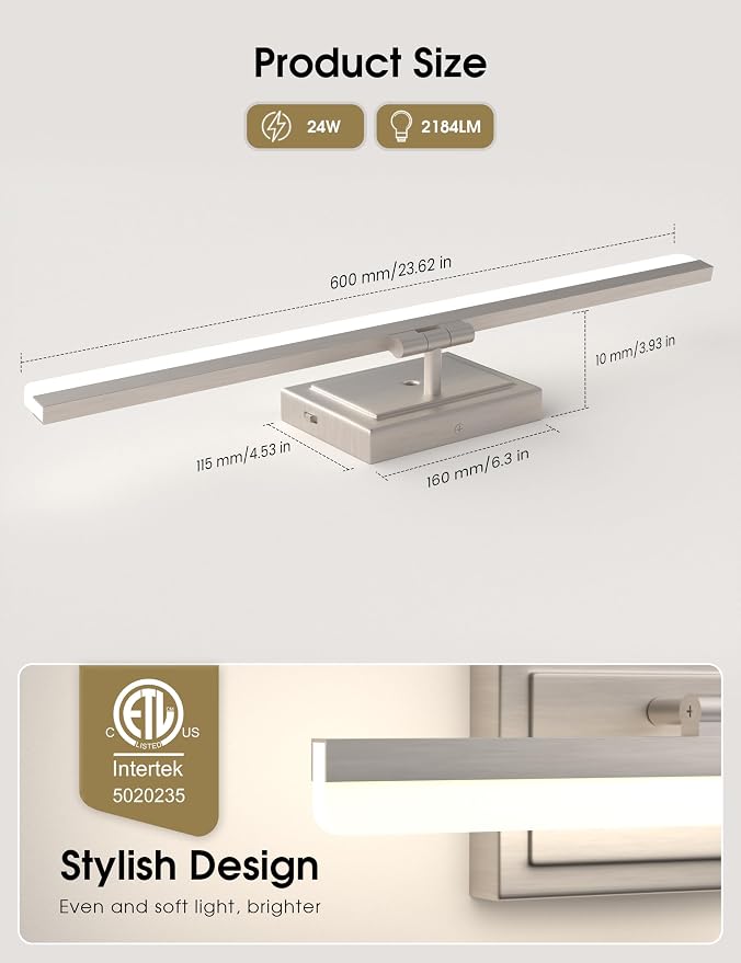 VOLISUN Modern Bathroom Vanity Light 24 inch, Rotatable, 24W Dimmable 5CCT Led Bathroom Light Fixture Over Mirror, Brushed Nickel Bar Vanity Light for Bathrooms Mirror Restroom-ETL Certificated