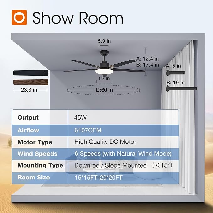 addlon 60 Inch Ceiling Fans with Lights and Remote Control, Wall Switch | Reversible DC motor, 6-speed, Timer, 3CCT Dimmable, Quiet, Black Ceiling Fan for Bedroom, Living Room, Indoor/Outdoor Use