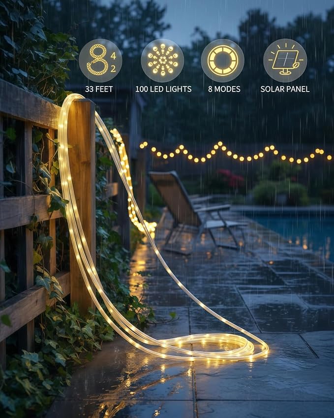 Solar Rope Lights, 33FT 100LED String Lights Outdoor, 8 Lighting Modes Solar Powered Rope Lights for Christmas Easter Party Holiday Tree Decoration, Warm White