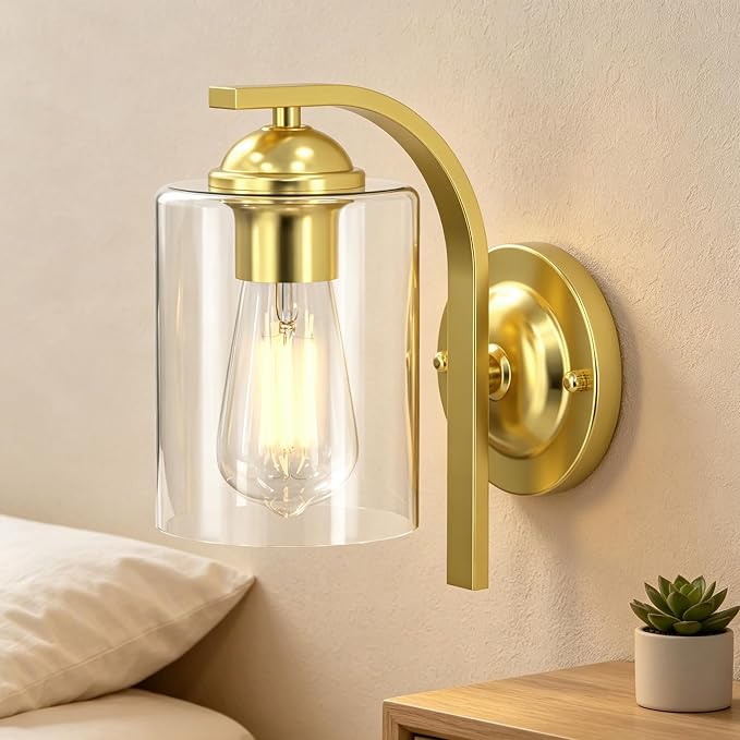 Wall Sconces Lights Lamp for Bedroom Bathroom, Modern Vanity Light Fixtures, Gold Farmhouse Wall Mount Lighting Lanterns with Clear Glass Shade for Living Room Mirror Hallway Kitchen