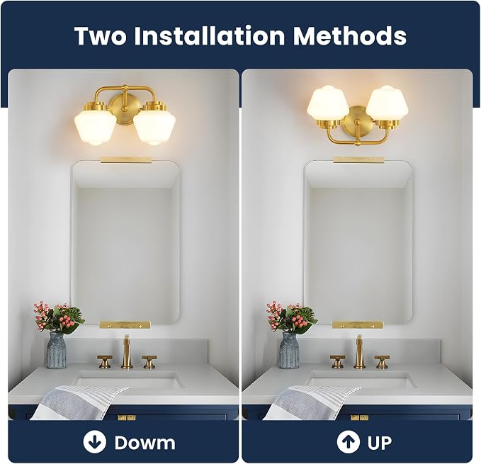 RUIYEY Bathroom Vanity Light Fixtures: 2-Lights Gold Bathroom Lighting Fixtures Over Mirror, Mid-Century Modern Wall Sconces with Frosted Milky Glass for Kitchen Bedroom Hallway