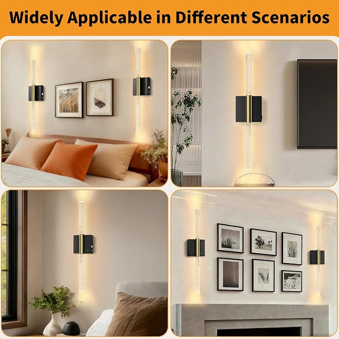 Battery Operated Sconces Set of 2, 28in Rechargeable Wireless Wall Lights | 8000mAh Dimmable Modern LED Wall Lamp Fixtures with Timer Function for Living Room Bedroom Bathroom Hallway, Black