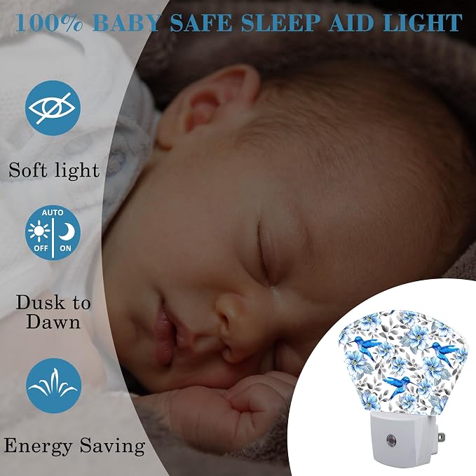 Watercolor Blue Flowers and Hummingbirds Night Light for Kids Girls Boys, Blue Hummingbirds LED Night Light Plug into Wall with Dusk to Dawn Sensor for Room, Hallway, Kitchen, Bathroom, Stairs Decor