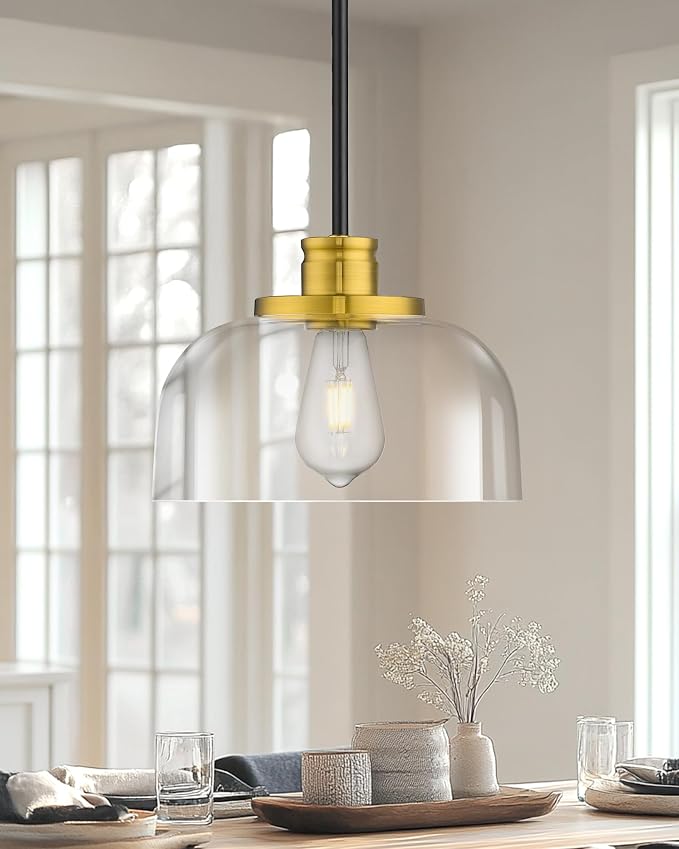 Emak Black and Gold Pendant Lights, 10 Inch Large Pendant Light Fixtures with Clear Glass Shade, Modern Farmhouse Island Lights for Kitchen, Dining Room, Bathroom, Bar, PL131-BKBGD-CG
