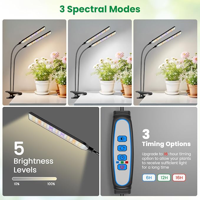 Aumtrly Clip on Grow Lights for Indoor Plants, 2 Head 114 LED Full Spectrum | for Seed Starting Growing, 6/12/16H Timer, 5 Dimming, 3 Light Modes, Flexible Gooseneck, Black Desk Plant Lamp with Clamp