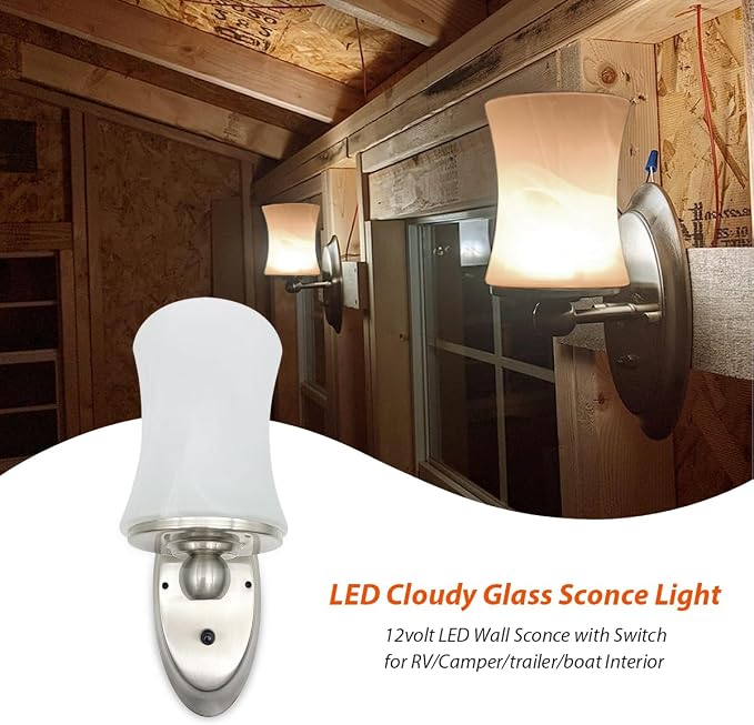 12V RV LED Wall Sconce with Glass Lampshade RV Interior Wall Decor Light with Switch 3500K Warm White Lighting, 1 Light