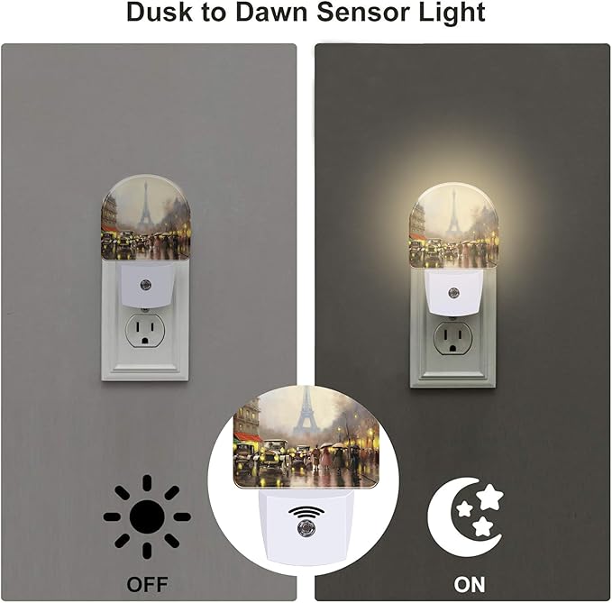 Paris Eiffel Tower Oil Painting Night Light for Kids,City Street Night View Night Light Plug in with Dusk to Dawn Sensor,0.5w Energy Saving Nightlight for Hallway Stairway Kitchen Bedroom