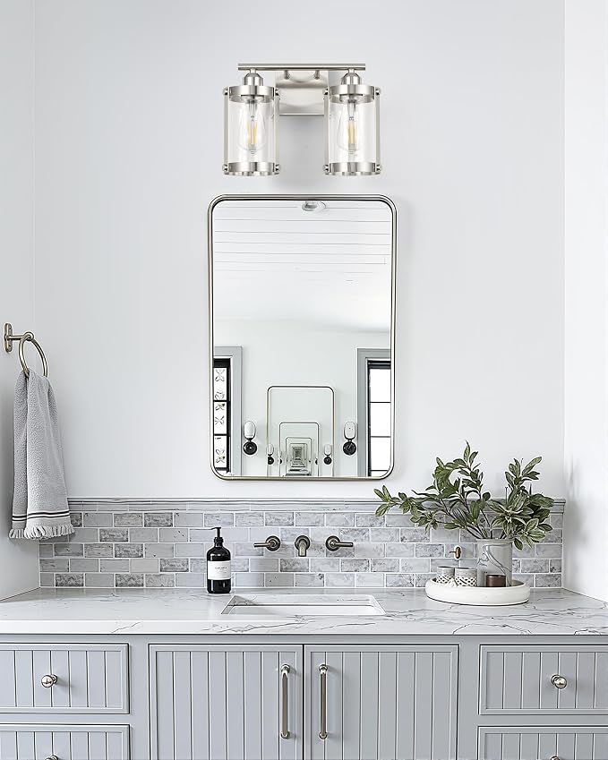 2-Light Brushed Nickel Bathroom Light Fixtures, 13.8 Inch Modern Bathroom Vanity Lighting Fixtures Over Mirror with Clear Glass and Metal Cage Wall Sconce Lights for Bath, E26, OS-3014BN-2W