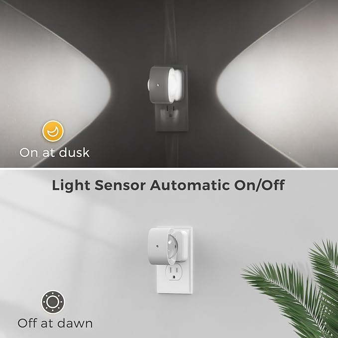 L LOHAS LED Night Light Projector, Night Lights Plug into Wall Light Sensor | Dusk to Dawn Sensor, Rotating White Nightlight for Kids, Daylight Ambient Lighting for Bathroom, Gaming Room,2 Pack