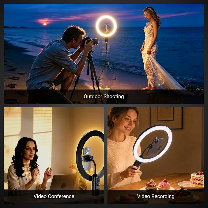 NEEWER 12" Selfie Ring Light with App Control/Remote/Tripod Stand, 3200mAh LED Bi Color CRI95 2900K-7000K Ringlight Circle Lighting Compatible with iPhone Vlog Makeup Studio Video Recording, RB12B
