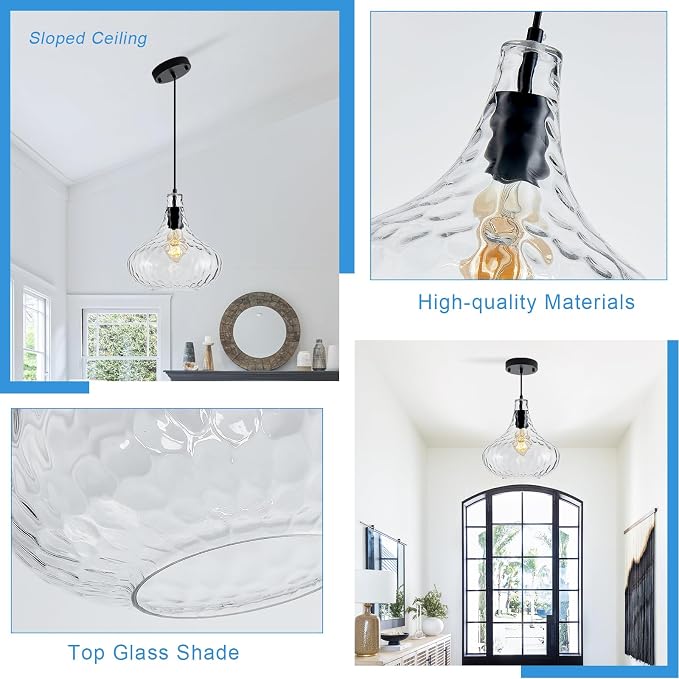 11 Inch Hammered Glass Pendant Light Black Farmhouse Ceiling Lamp | Diffuse soft lighting, adjustable hanging cord, E26 base, perfect decorative fixture over sink kitchen island & dining space